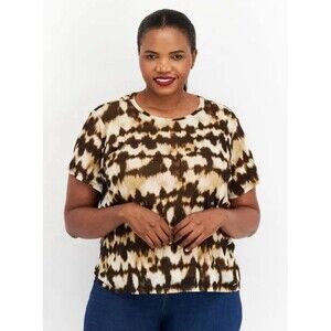 NWT 2X Calvin Klein Brown Ikat Print Short Sleeve Shirt Mesh Sheer Elastic